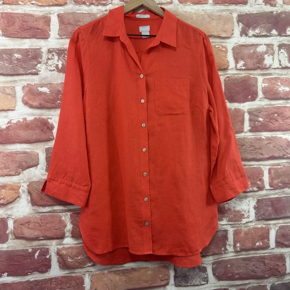 Chicos Top Women's 8 Orange 100% Linen Casual Career Capsule Button Up Shirt - Picture 2 of 10